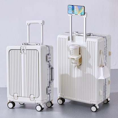 20/24 Inch Front Open Luggage Multifunctional Aluminum Frame Trolley Case with USB Cup Holder Large Boarding Box Suitcase