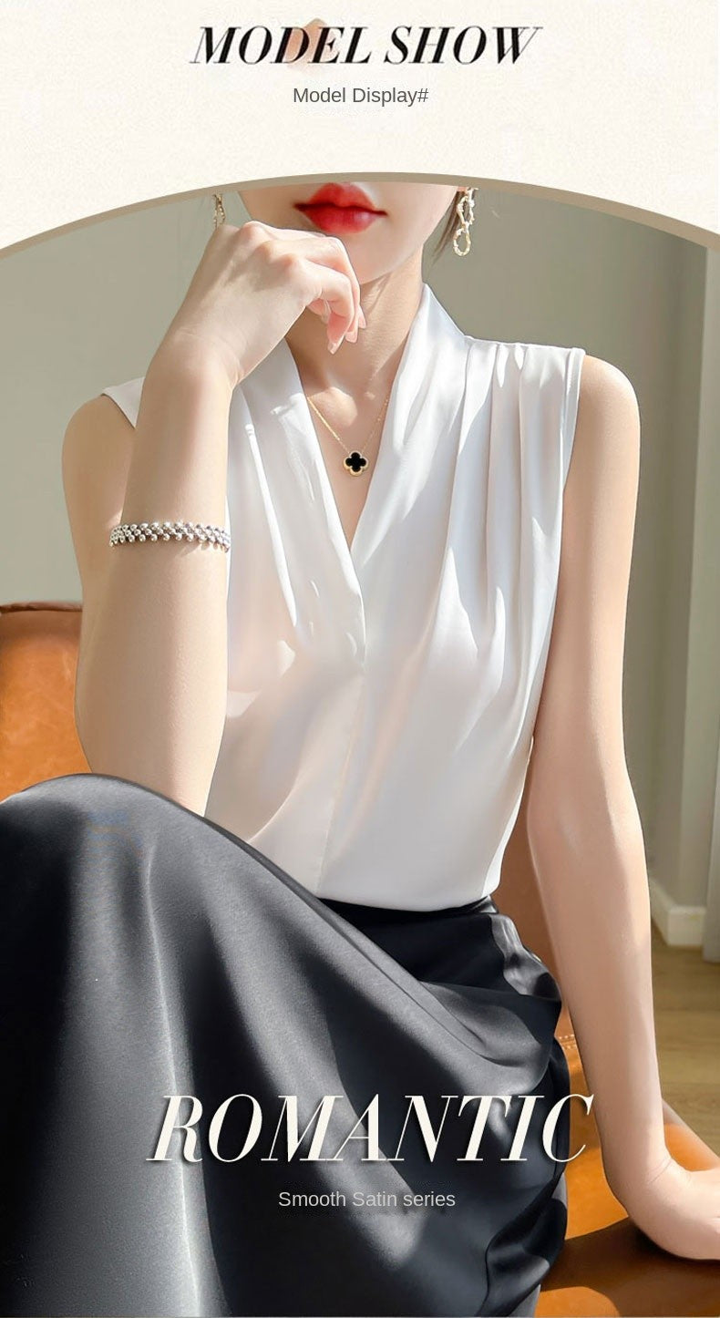Womens Tops Blouses Solid Color White Satin Blouse Office Shirt Blusas Sleeveless Women Shirts Black White Female YTM A31