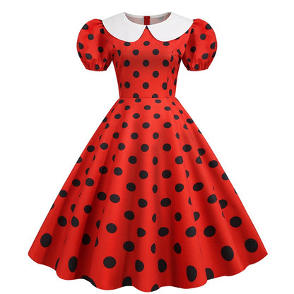 Elegant Women Summer Dress Puff Short Sleeve Polka Dot Peter pan Collar Vintage A-line Midi Long Party Sundress