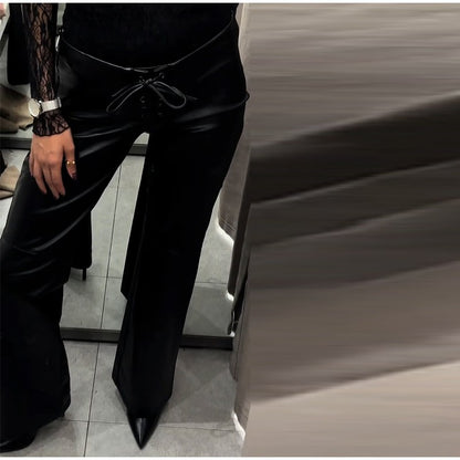 2026 New Solid Black Leather Long Pants For Women Y2K Casual Tie Up Drawstring Flared Trousers Female Chic Street Bell-bottoms