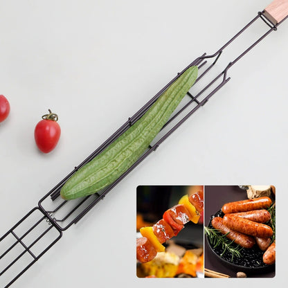 Stainless Steel Barbecue Grill Cage with Wooden Handle Picnic Kitchen Tools BBQ Basket for Fish Shrimp Vegetables Hot Dog