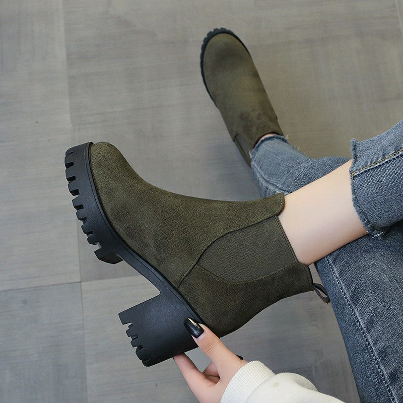 Autumn Women Suede Ankle Boots Fashion Metal Decoration Slimming Short Booties Autumn Winter Female Thick Heel Shoes D114
