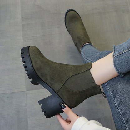 Autumn Women Suede Ankle Boots Fashion Metal Decoration Slimming Short Booties Autumn Winter Female Thick Heel Shoes D114