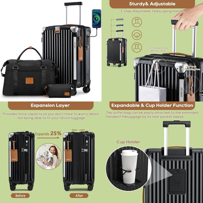 Mala de Bordo 20 com Capacidade Expansível, Suporte para Copo, Porta USB, Rodas Antiderrapantes e Alça para Viagens Inteligentes