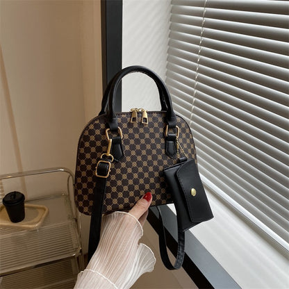 Luxury Shell Fashion Women's Handbag Simple Shoulder Bag Plaid Print Crossbody Bag with Mini Purse