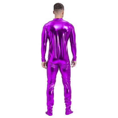 Men's Shiny Metallic Zentai Dress-up Jumpsuit Cosplay Costume Performance Stage Disco Clubwear Full Body Unitard Tights Leotard