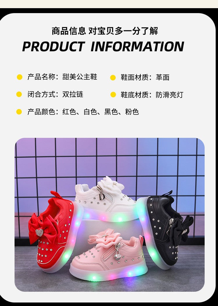 Spring Kids Shoes New Fashion Breathable Sneakers Kids Soft Non Slip Casual Girls Shoe LED Light Cute Versatile Princess Shoe