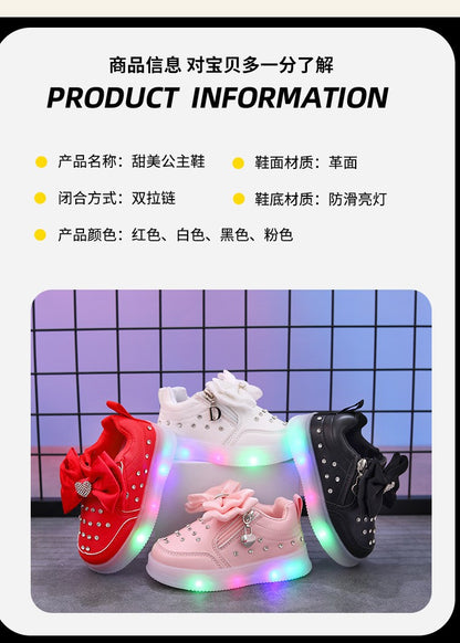 Spring Kids Shoes New Fashion Breathable Sneakers Kids Soft Non Slip Casual Girls Shoe LED Light Cute Versatile Princess Shoe