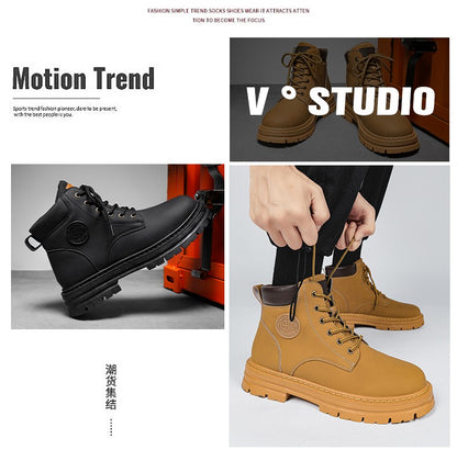 Botas masculinas de cano alto para as quatro estações, sapatos de trabalho ao ar livre antiderrapantes e confortáveis, botas amarelas de couro casuais britânicas da moda