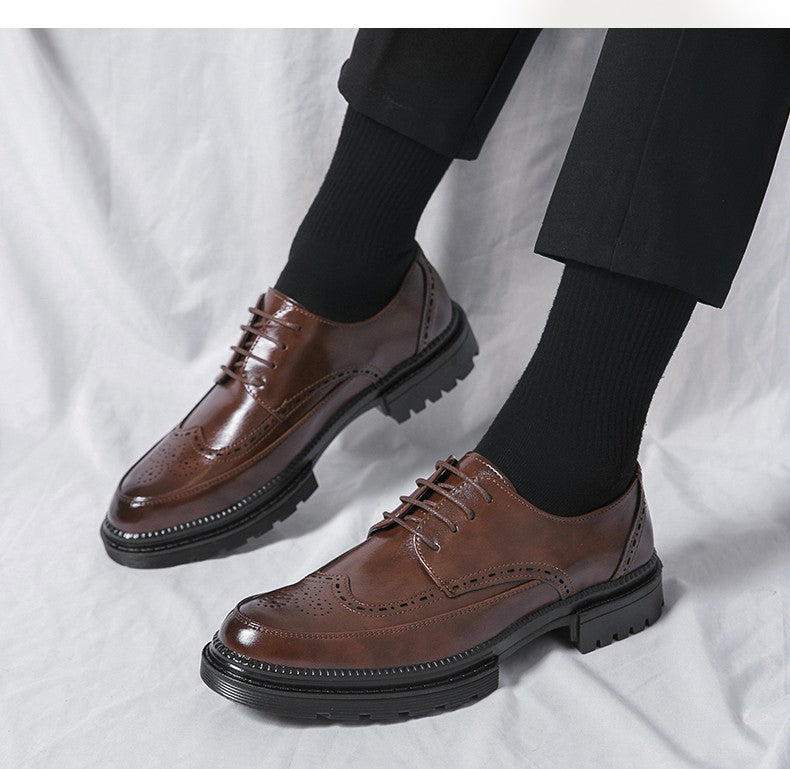 New leather shoes for young men British Brock formal business increase casual black wedding groom lace-up men's shoes