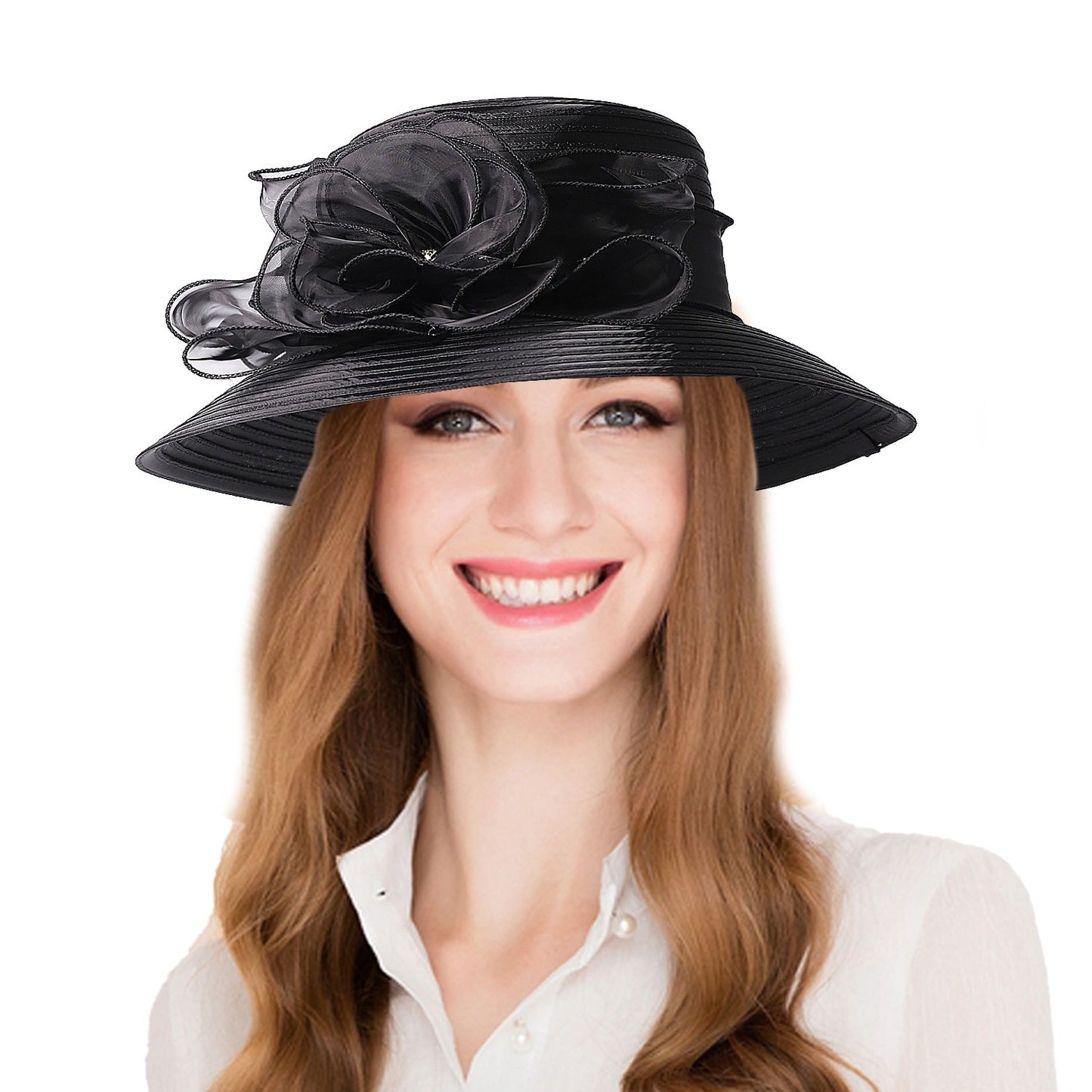 FS Chapéus Brancos de Igreja para Mulheres Elegantes com Aba Larga Fascinators de Casamento Boné com Flor Chapéu de Balde Guarda-sol de Praia de Inverno Sombrero
