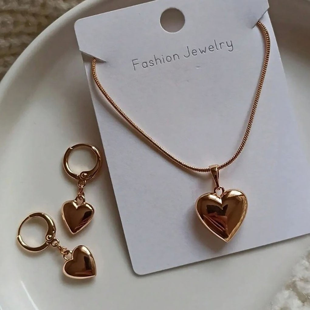 Conjunto de Joias Brinco e Colar Coração Banhado a Ouro Brilhante para Mulheres, Acessórios Delicados para o Dia a Dia