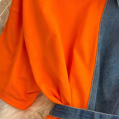 XFPV Women's Sweet high Waist Wrap Belt Round Neck patchwork Denim Shirt  Chic Top Y2k Korean Fashion Spring Summer 2025 SM11327