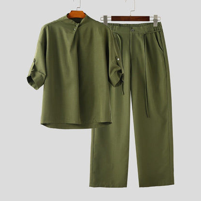 INCERUN Men Sets Solid Color Pleated Shirt & Pants Two Pieces Sets Loose Streetwear 2025 Fashion Men's Casual Suits S-5XL