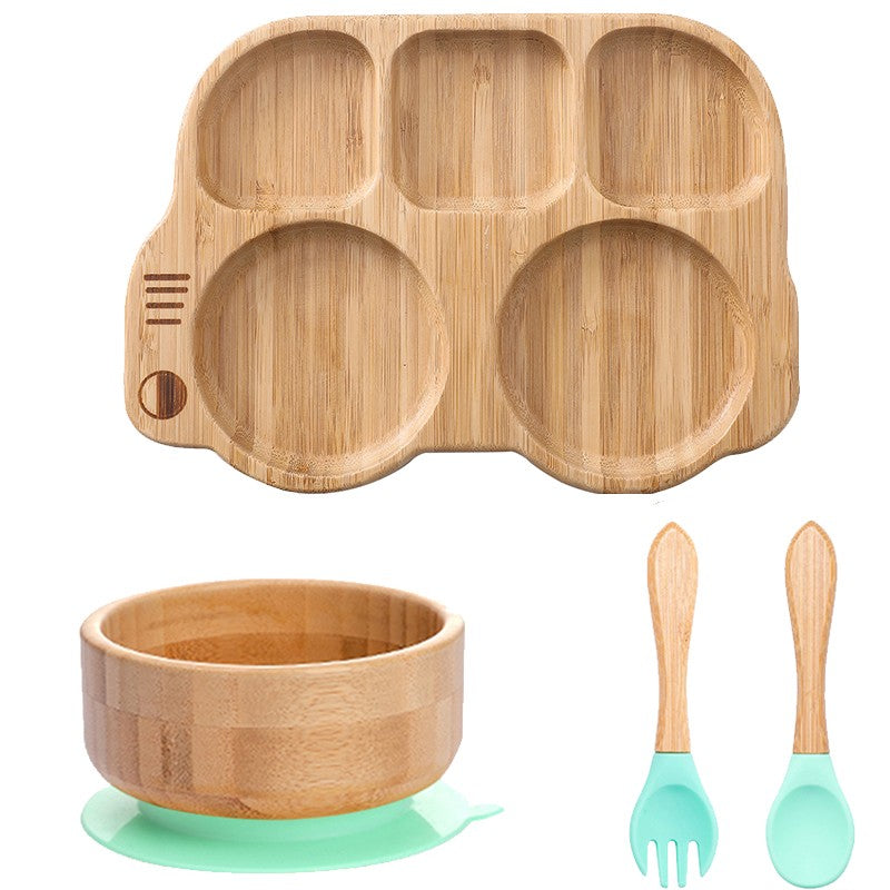 4pcs Bamboo Plate Sets Baby Feeding Bowl Wooden Kids Feeding Supplies Spoon Fork for Baby Tableware Suction Plate Bowl Cup