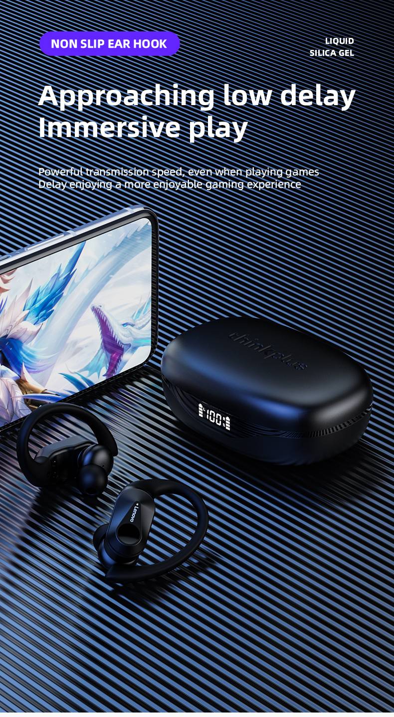 Fones de ouvido sem fio Lenovo LP75 TWS Bluetooth 5.3 com redução de ruído, gancho esportivo, estéreo HiFi, à prova d'água para jogos