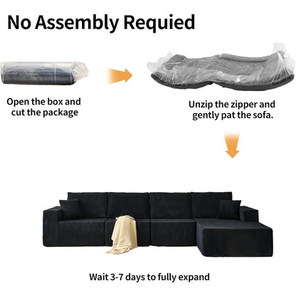 139.3" Luxury L-Shaped Modular Sofa – Corduroy Boneless Cloud Couch with Deep Seat, Movable Ottoman for Living Room