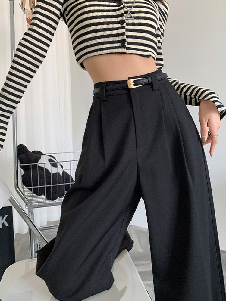 2024 Fall Winter Elegant Gray Suits Pants for Women Office Lady High Waist Wide Leg Fashion Trousers with Pockets Black Pants