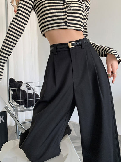2024 Fall Winter Elegant Gray Suits Pants for Women Office Lady High Waist Wide Leg Fashion Trousers with Pockets Black Pants