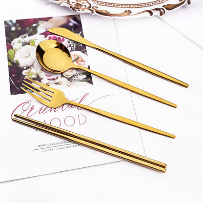18Pcs Black Gold Dinnerware Dinner Spoons Chopsticks Cutlery Set Stainless Steel Tableware Sets Kitchen Home Silverware Set