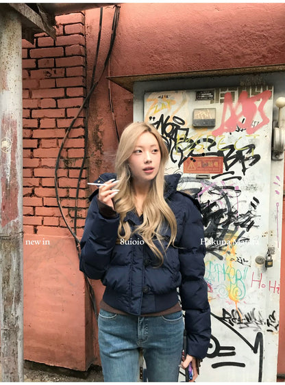 South District Fiona Women's Winter Jacket Navy Blue Cotton Short down Coat with Detachable Hood And Fur Collar