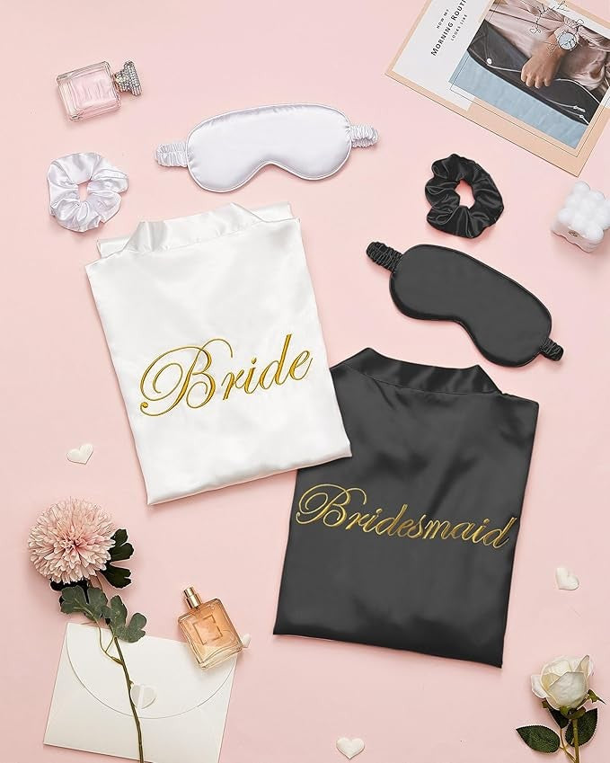 7 Pcs Bridesmaid Robe Sets Bride Silk Satin Bridal Party with Sleeping Eye Mask and Elastic Headband