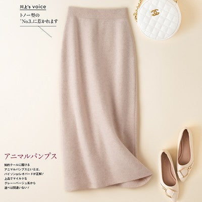 100% pure wool skirt new women's autumn and winter mid-length high-waisted thin cashmere skirt knitted all-match hip skirt