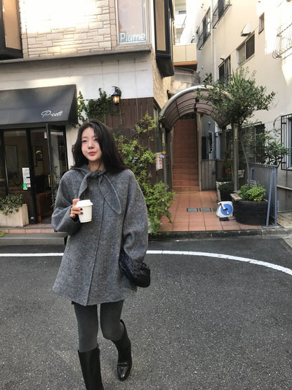 Korean Sle Woolen Coat Women's Chic Temperament Sweet Bow Tie Collar Hooded Warm Woolen Coat Long Sve Mid-Length