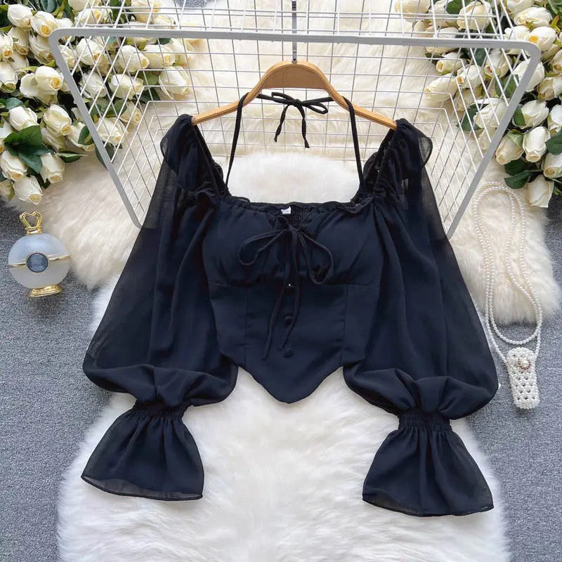 Pure Desire Aesthetic Women's Off-shoulder Top Slimming Cropped Blouse Halter Neck Flare Sleeveless Shirt Stylish Slimming