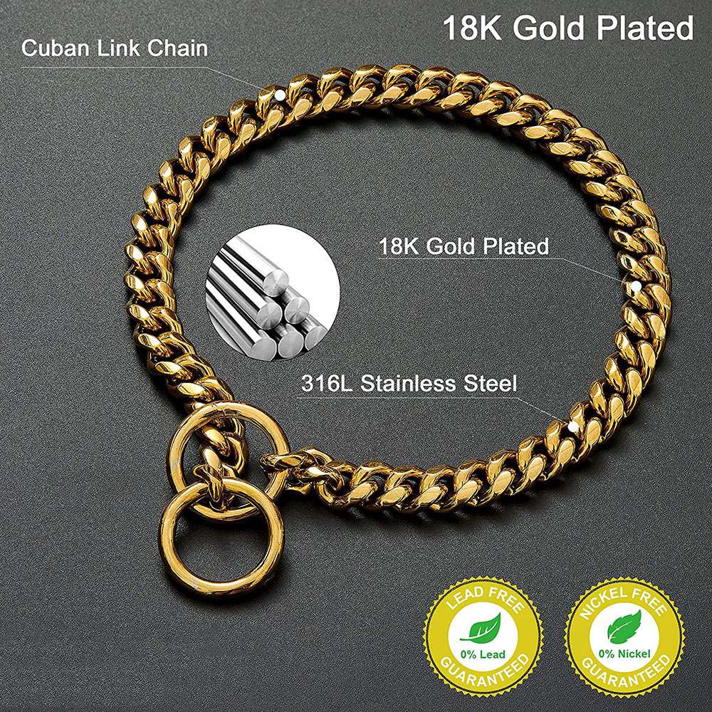 Coleira de corrente de aço inoxidável coleira grande de corrente para cães de metal cães elos médios elos pequenos de aço dourado cubano para passeio e adestramento