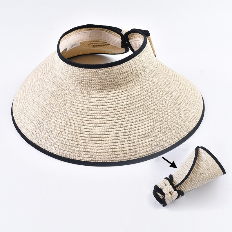 Summer Empty Top Straw Hat For Women Foldable Wide Large Brim Bowknot  Sun Hat Travel Beach UV Protection Caps