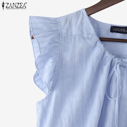 2025 ZANZEA Summer Elegant Shirt Women Sleeveless Holiday Blouse Stylish Tanks Tops Casual Solid Cotton Camis Mujer Blusas Femme