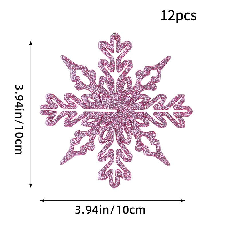 12PCS Pink Glitter Plastic Snowflake Decorations 10cm Christmas Tree Hollow Snowflake Pendants New Year Party Festival Supplies