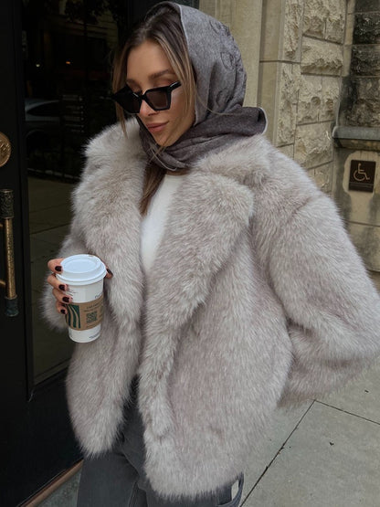 HH 2025 Vintage Women Cropped Faux Fur Jacket Long Sleeve Turn-Down Collar Female Plush Wool Coats Chic Lady Fur Outerwear