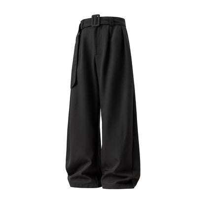 Men's Pleated Drape Curved-Leg Trousers Loose-Fit Straight-Leg Pants Retro-Style Belted Casual Pants