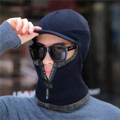 Novos Homens Inverno Quente Lã Chapéu Outdoor Proteção Orelha Chapéus Quente Grosso Bicicleta Gorro de Malha com Cachecol Viseiras à Prova de Vento