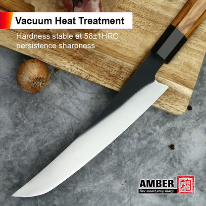 Conjunto de Facas de Cozinha AMBER 440C Aço Alto Carbono Faca de Açougueiro Cabo de Madeira de Oliveira Faca Japonesa Profissionalmente Afiada