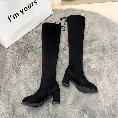 Spring New Fashion Slim Thick High Heels Flock Women Over-the-Knee Long Modern Stretch Boots Winter Long Boots D252