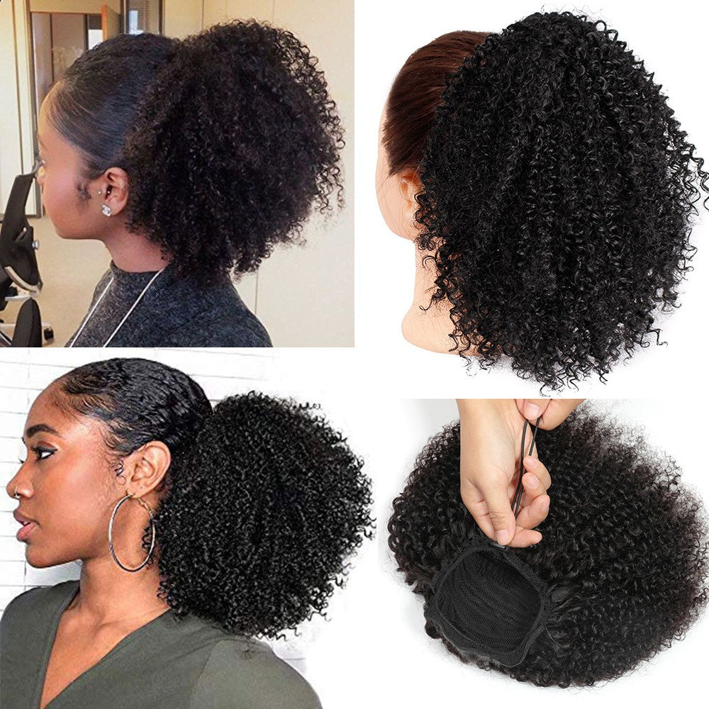 Extensões de Cabelo Afro Crespo Cacheado Rabo de Cavalo com Cordão Clip-in Extensões de Cabelo Humano Rabo de Cavalo Peças de Cabelo Crespo Cacheado Mongol