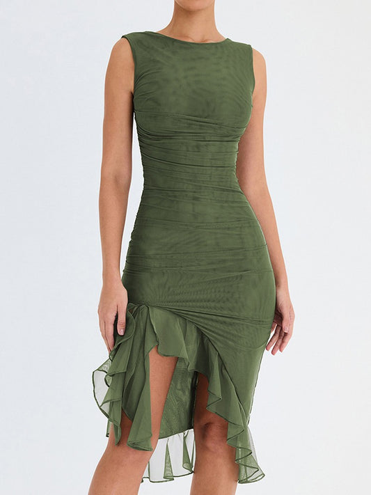 Mozision Elegant Ruffle Ruched Midi Dress For Women Robe Summer New Backless Sle
