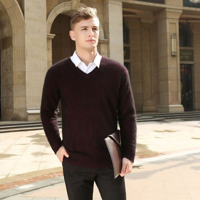 Autumn And Winter New Warm Pure Mink Cashmere Sweater Men's V-neck Pullover Thickened Plus Size Knitted Bottoming Shirt