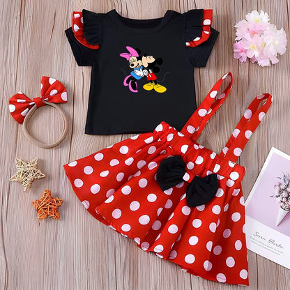 Minnie Mouse Girl Set Children Dress Baby Clothing Set Summer Birthday Costume Polka Dot Suspender Skirt Bow Headband skirt suit