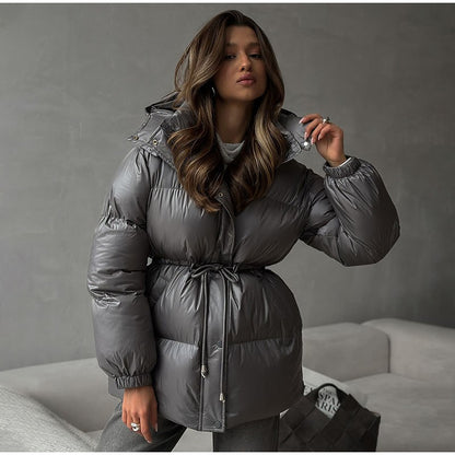 Chic Hooded Cotton Padded Jackets For Women Y2K Single Breasted Zipper Drawstring Coats 2026 Winter Pocket Long Sleeve Outerwear