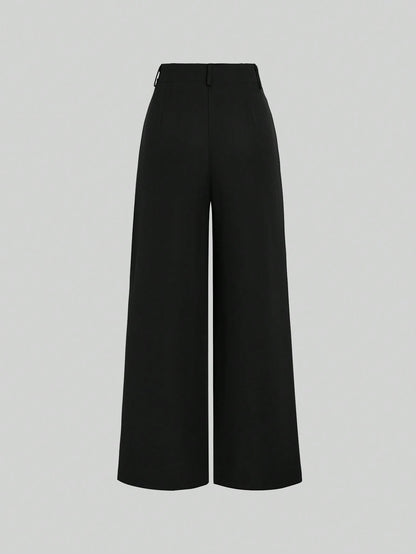 Women's Elegant Jacquard Pleating Wide-Leg Pants Office/Commuting Solid Color Loose Casual Suit Pants, Autumn/Winter