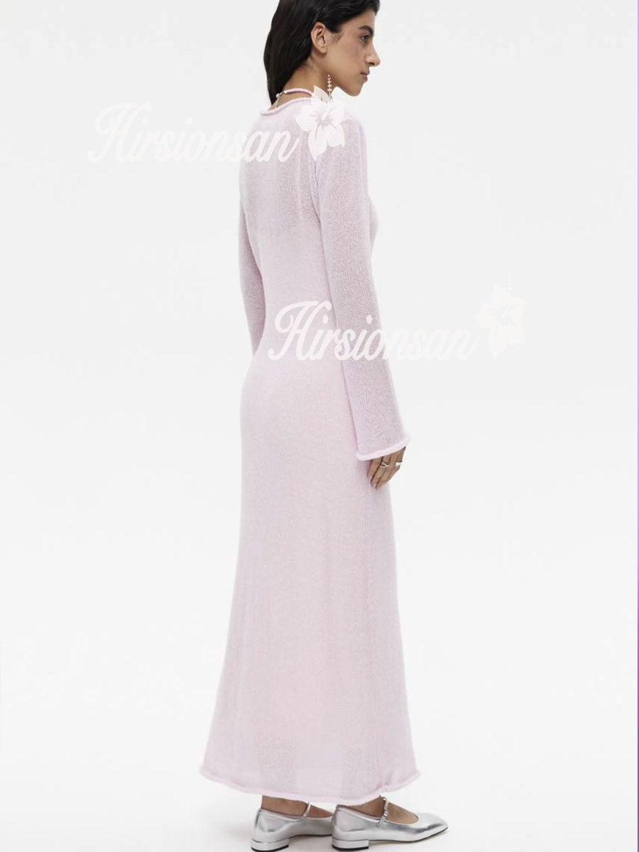 Hirsionsan Spring Autumn O-Neck Elastic Knit Long Dresses Women 2024 Elegant Chi