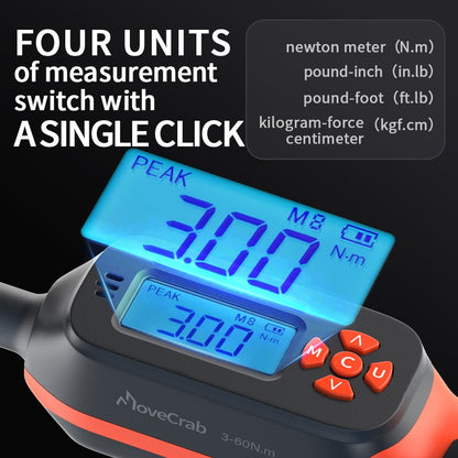 Chave de Torque Digital MOVECRAB 1.5-340 N.m com Valores Predefinidos, Precisão de 2%, Buzzer e Notificação por Flash LED
