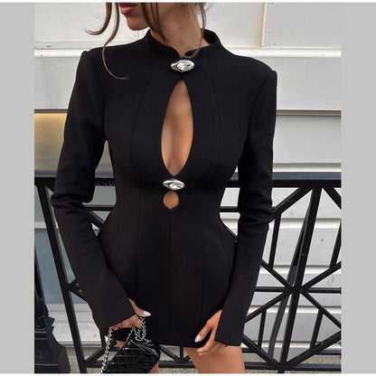 Black Hollow Out Mini A-line Dress Women Sexy Round Neck Long Sleeve Waist Cinching Dresses 2025 Lady Chic Party Club Robe