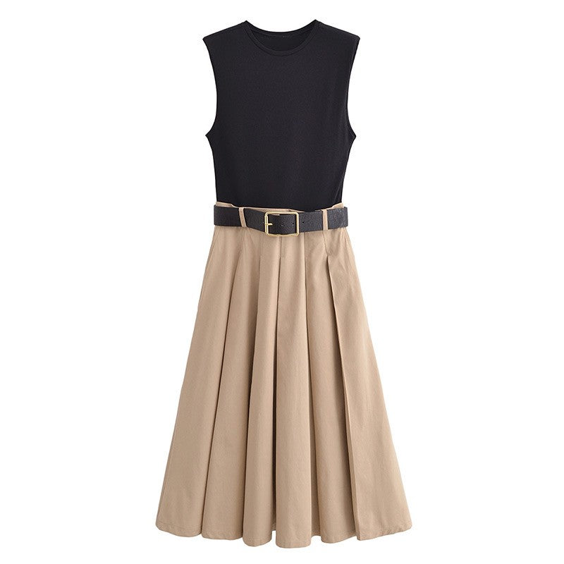 Fashion Patchwork Pleated Long Dress With Belt Women Chic Sleeveless Tank Maxi M