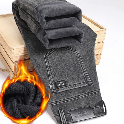 Calça Jeans Masculina de Inverno Slim Reta Elástica Jeans Casual Masculino Roupa Moda Calça Pelúcia Nova Moda Jeans Quente