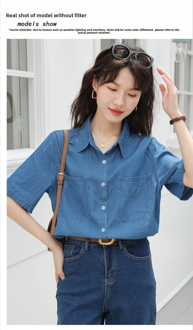 Vintageblueshort Sleeves Thin Denim Shirt 2024 Summer New Casual Loose-Fit Hong Kong Style Petite Top For Women